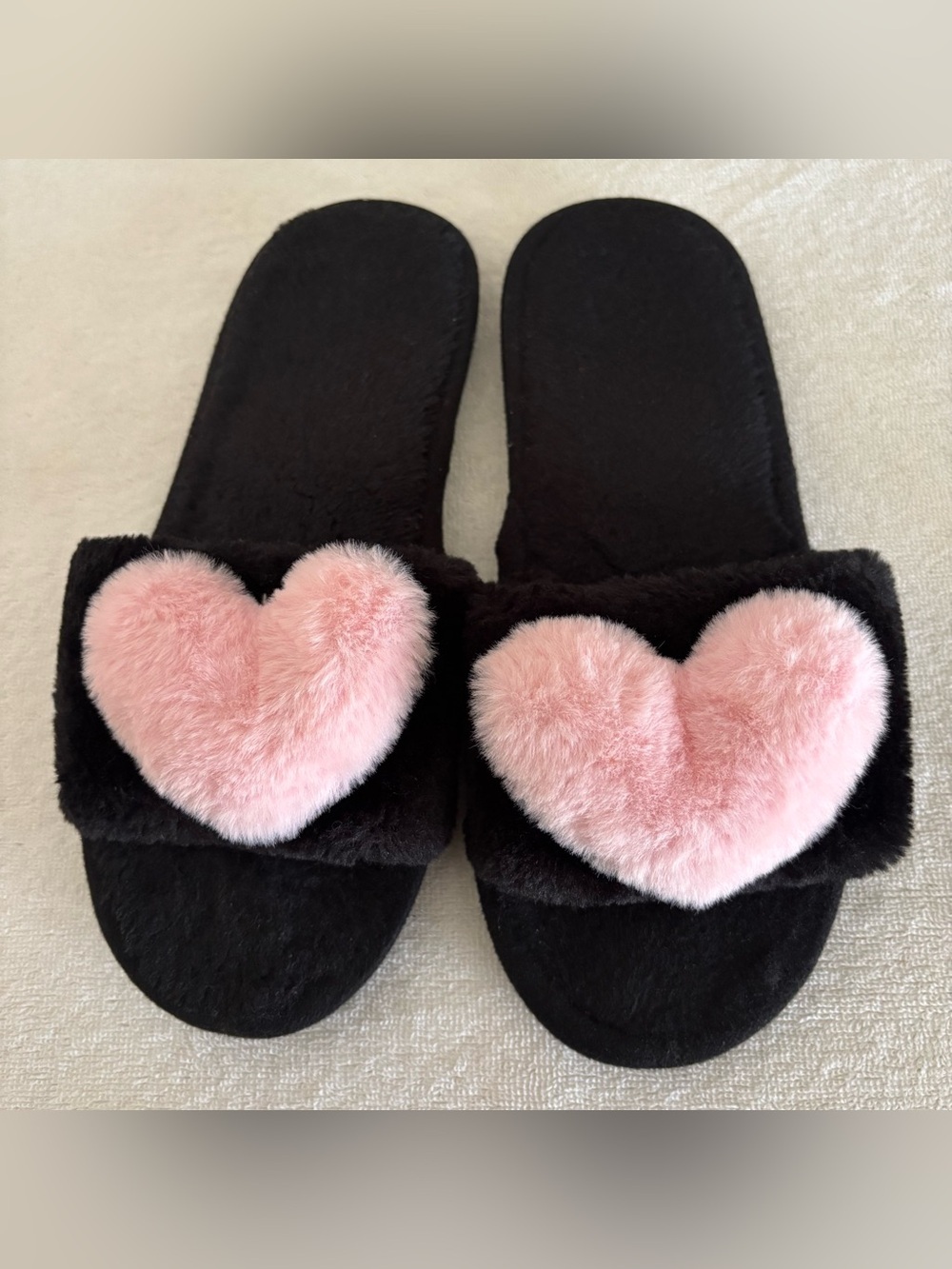 Black Plush Slide Slippers with Pink Heart Accent